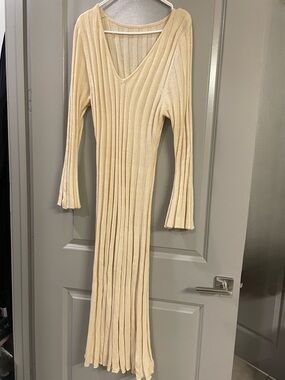 SHEIN Cream Ribbed V-Neck Long Sleeve Midi Dress